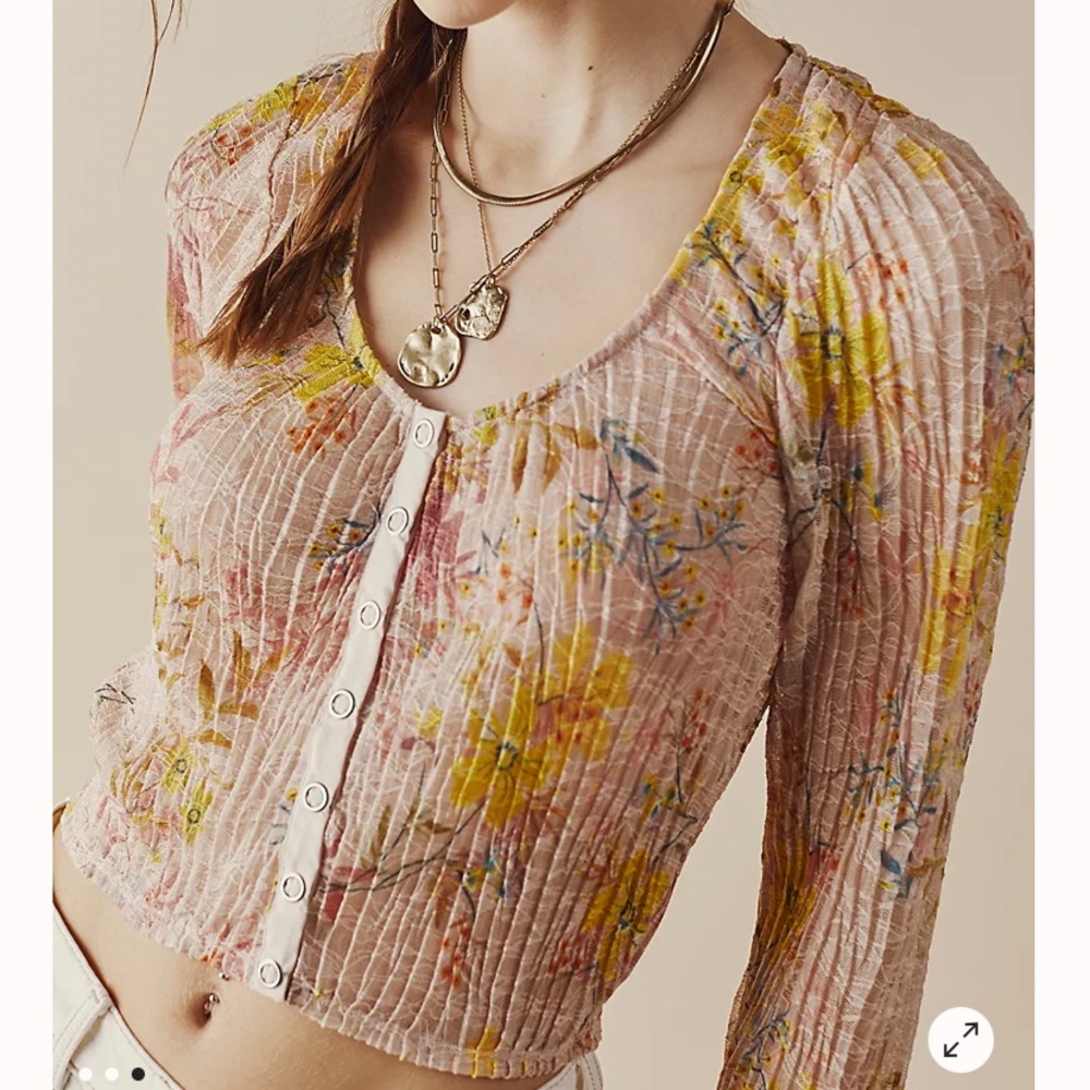 Free People Womens Angelina Semi Sheer Floral Top In Light Combo. Size Small